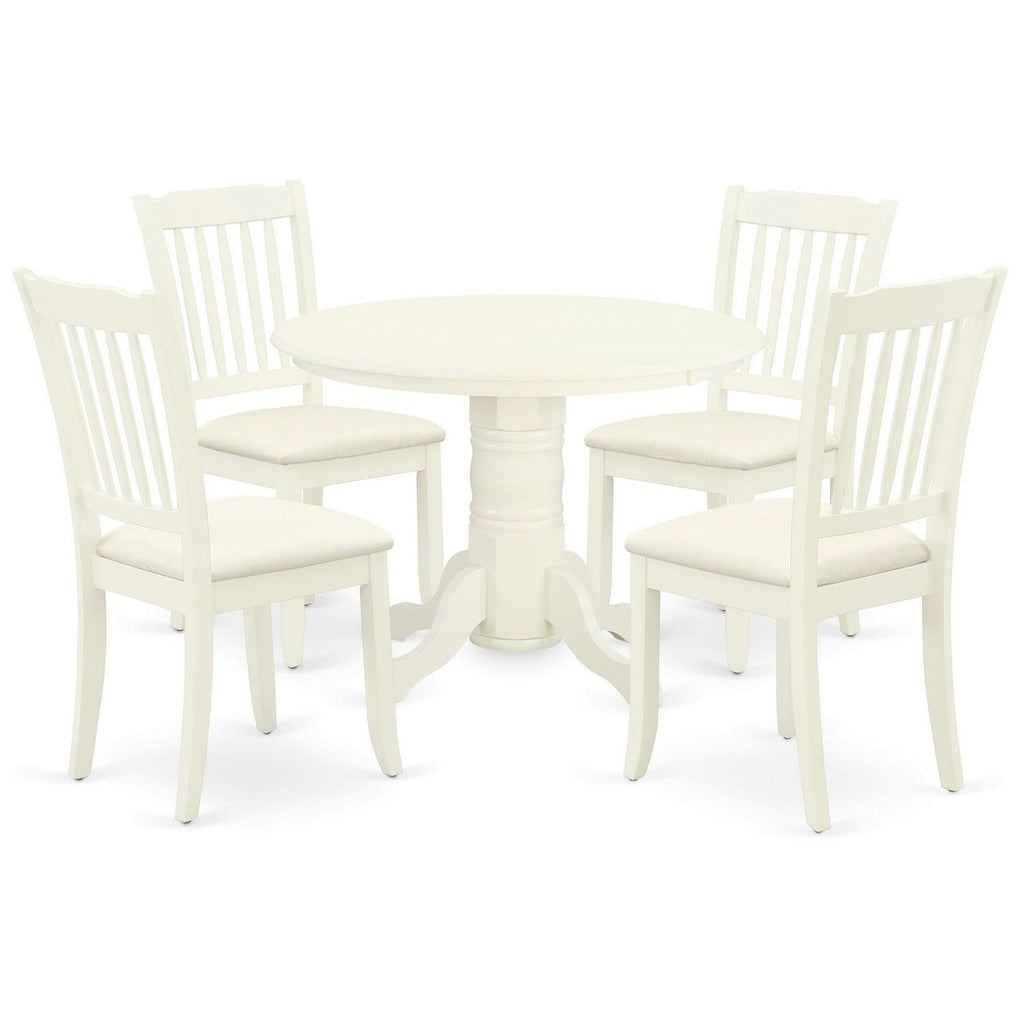 East West Furniture Shda5-Whi-C 5 Piece Modern Dining Table Set Includes A Round Kitchen Table With Pedestal And 4 Linen Fabric Kitchen Dining Chairs, 42X42 Inch, Linen White