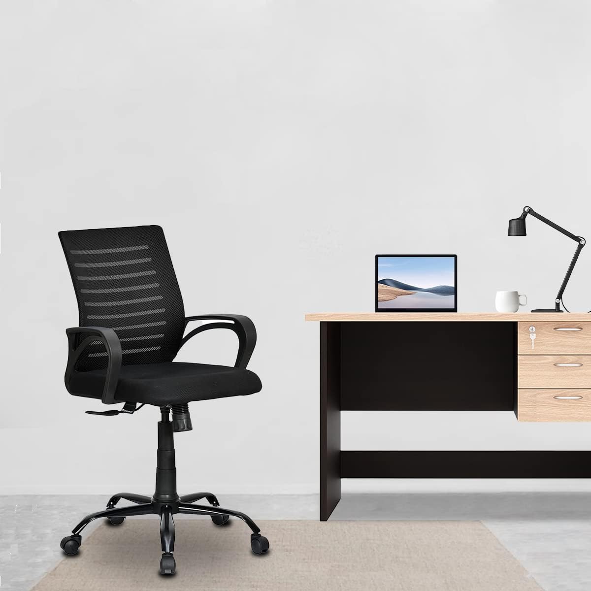 Nilkamal Giza Mid Back Upholstered Seat Mesh Back Ergonomic Office Chair With Adjustable Height And Tilt Mechanism (Orange)