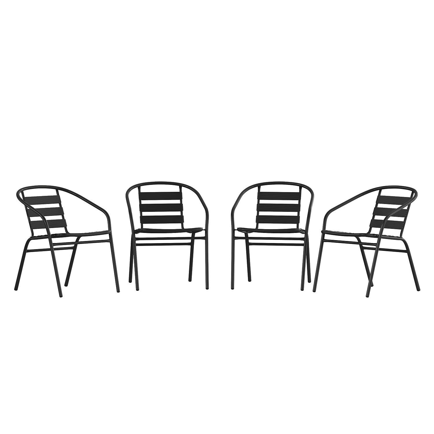 Flash Furniture Lila 4 Pack Aluminum Commercial Indoor-Outdoor Restaurant Stack Chair With Triple Slat Faux Teak Back, Set Of 4,