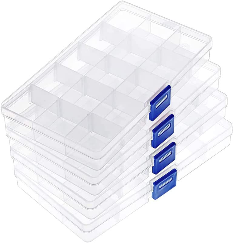 NH Fashion Hub Jewelry Organizer 4 Pack, Small Plastic Jewelry Box 15 grids with Movable Dividers Earring Storage Containers, fo