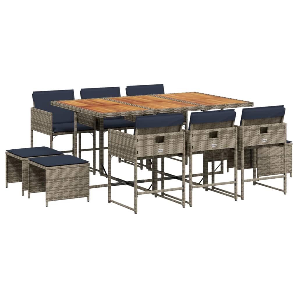 vidaXL 11-Piece Patio Dining Set - Poly Rattan Outdoor Furniture with Acacia Wood Table Top - Includes Cushions - Foldable, Space-Saving Design for Garden/Patio/Backyard
