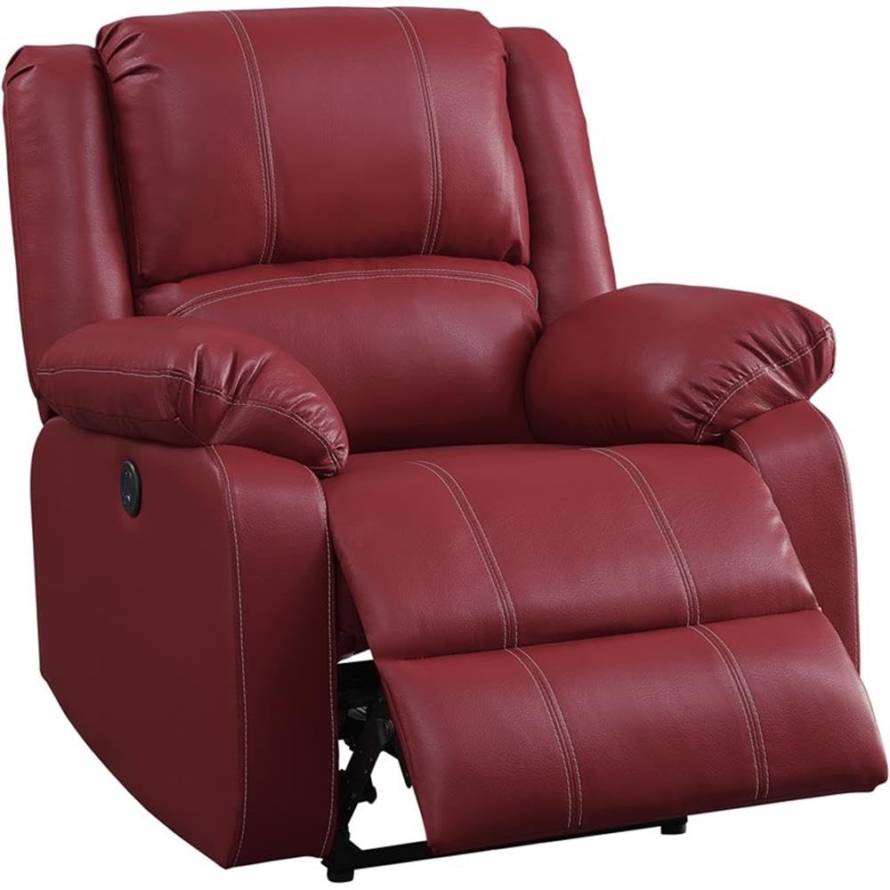 Acme Zuriel Faux Leather Power Recliner with Pillow Top Armrest in Blue