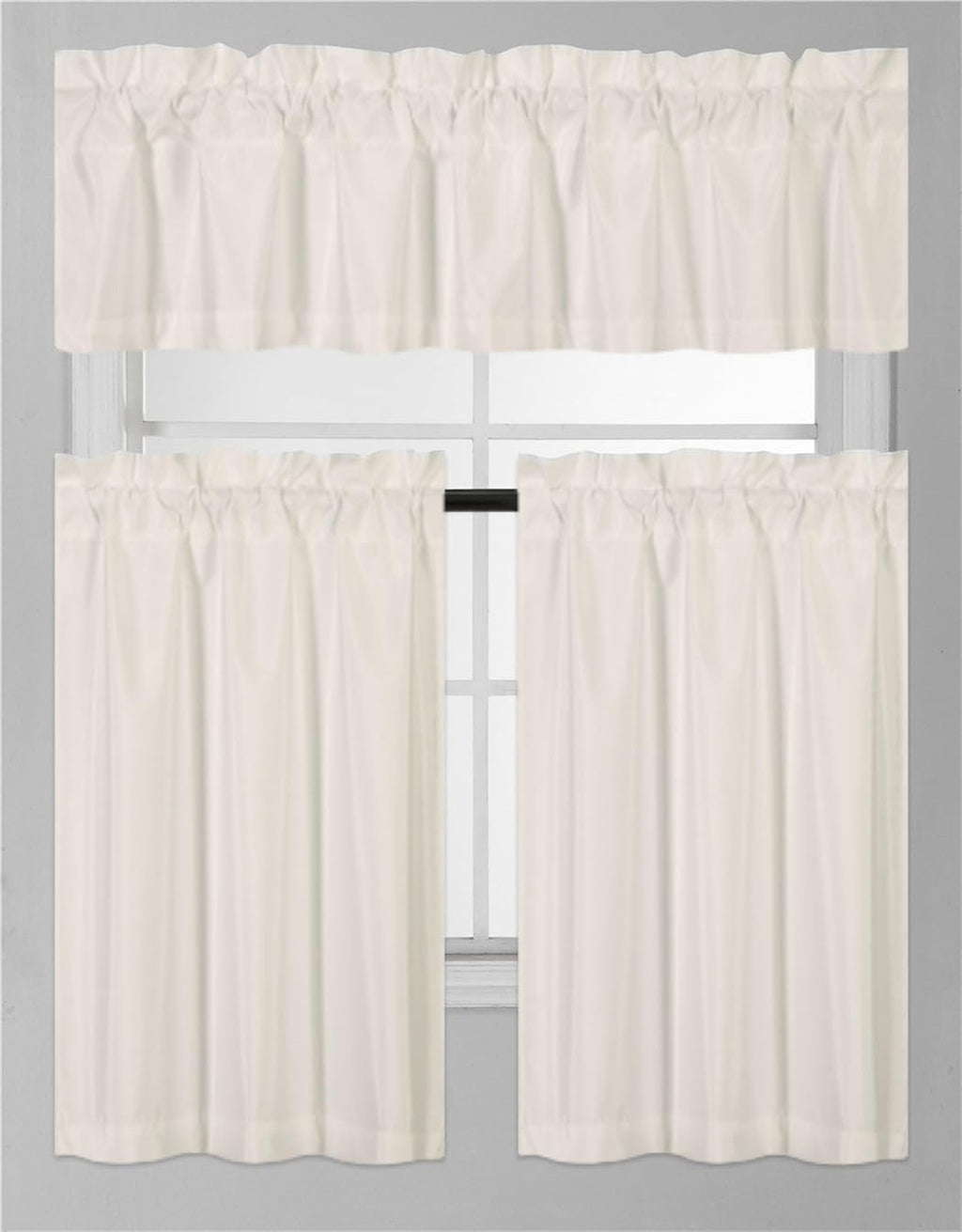 3Pc Set Solid Faux Silk Lined Blackout Rod Pocket Small Kitchen Window Curtain With Valance (K3) (Ivory)