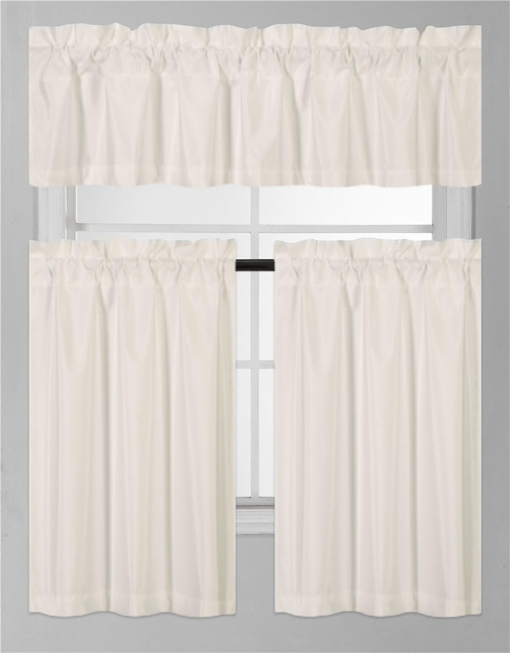 3Pc Set Solid Faux Silk Lined Blackout Rod Pocket Small Kitchen Window Curtain With Valance (K3) (Ivory)