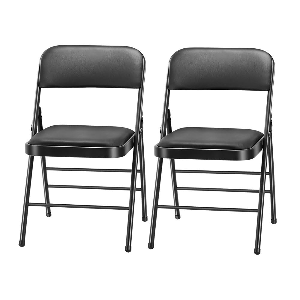Amazing For Less Pack Of 2 (Fabric/Vinyl) Steel Frame Metal Foam Padded Folding Chairs (Black, Gray, White) (2-Pack - Vinyl Black)