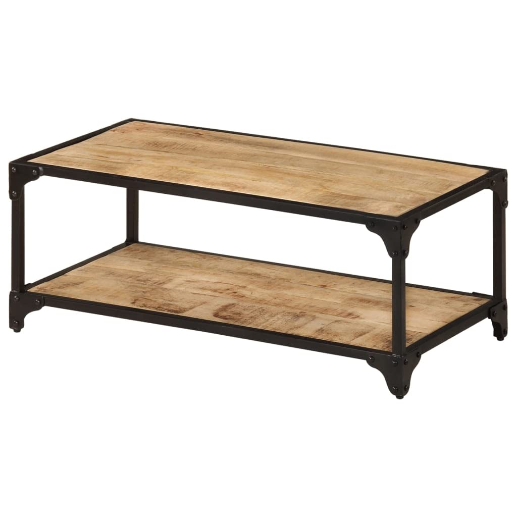 vidaXL Vintage-Style Coffee Table with Storage Shelf, Made from Solid Rough Mango Wood and Black Iron Frame - Rectangular, Retro