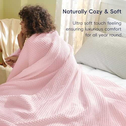 Phf Ultra Soft Waffle Weave Blanket King Size 104'X 90'- Washed Lightweight Breathable Cozy Woven Blanket For Bed - Aesthetic Decor For Couch Bedding Sofa Home Car - Light Pink