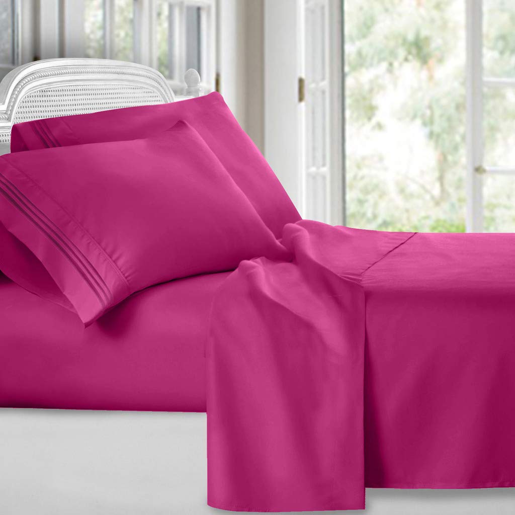 Clara Clark Bed Sheets, Premier 1800 Series 4 Piece Bed Sheet Set, Deep Pocket, Wrinkle, Fade, Stain Resistant, Luxury Soft Bedding Sheets & Pillowcases, King, Magenta