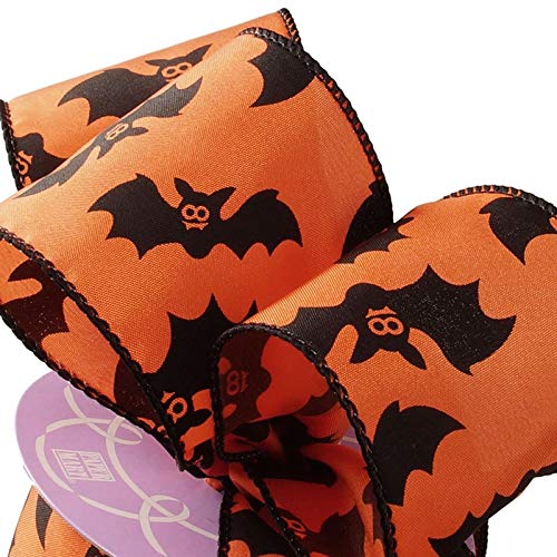 2 1/2'X10 Yards Orange Bats Halloween Satin Wired Ribbon