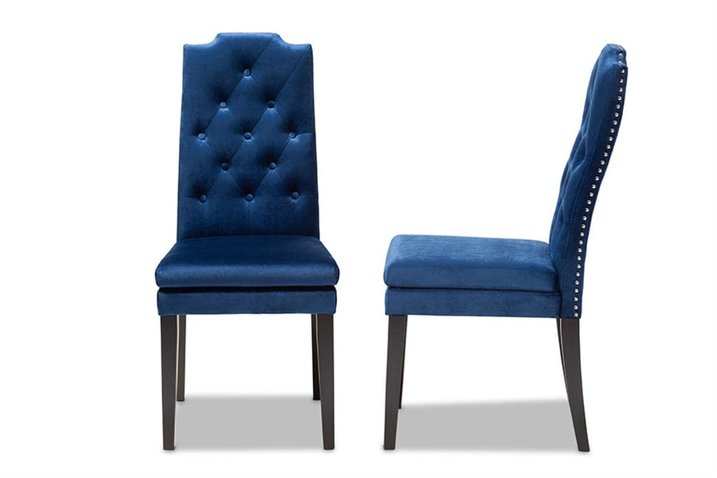 Baxton Studio Dylin Modern and Contemporary Navy Blue Velvet Fabric Upholstered Button Tufted Wood Dining Chair Set