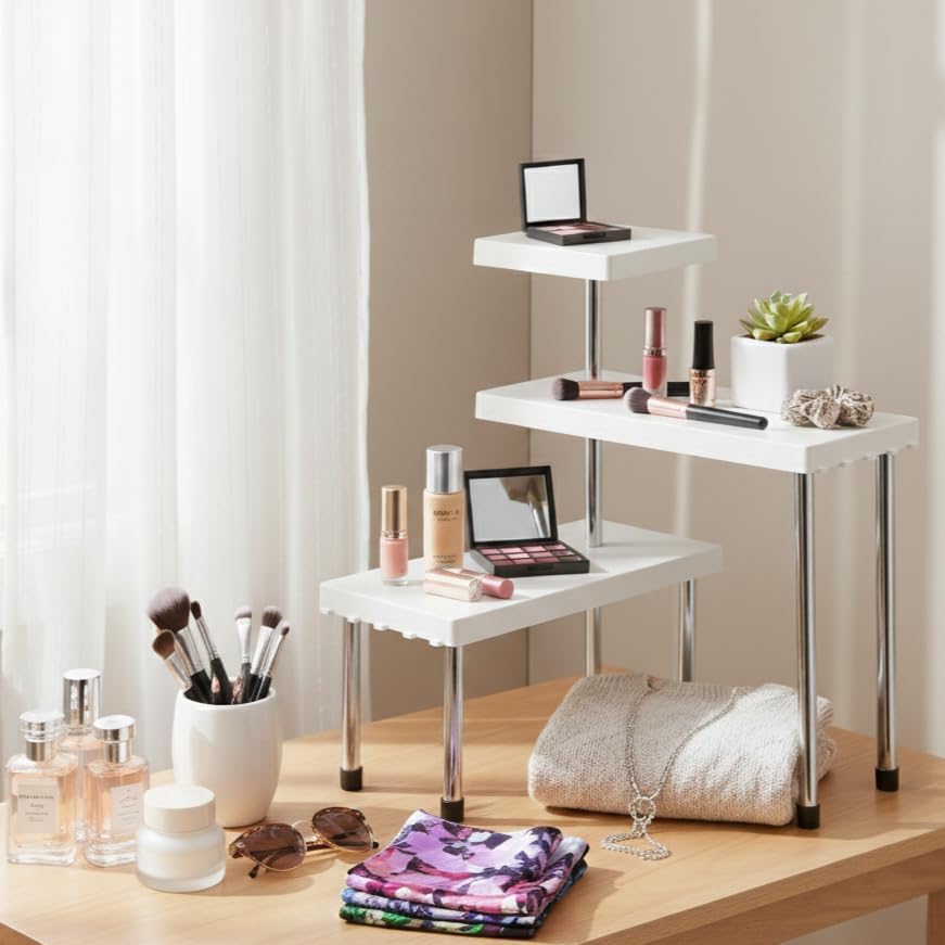 3Tier Corner Shelf Organiser, White, Metal Legs, Makeup And Vanity Storage Rack