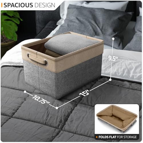 Sorbus Premium Fabric Storage Cubes 15 Inch- Big Sturdy Collapsible Storage Bins With Dual Handle- Foldable Baskets For Organizing- Decorative Cube Storage Bins For Home & Office Use- 3 Pack| Grey/Tan