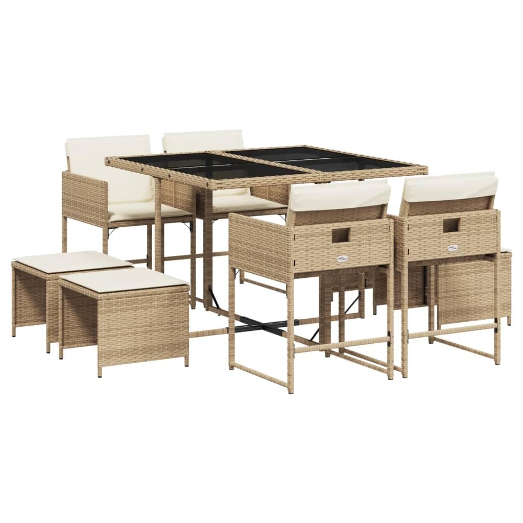 vidaXL 9 Piece Patio Dining Set - 4 Garden Chairs, 4 Stools, Tempered Glass Table - Cushioned Beige PE Rattan Furniture for Outdoor, Garden, Backyard, Patio - Compact, Weather-Resistant, Washab...