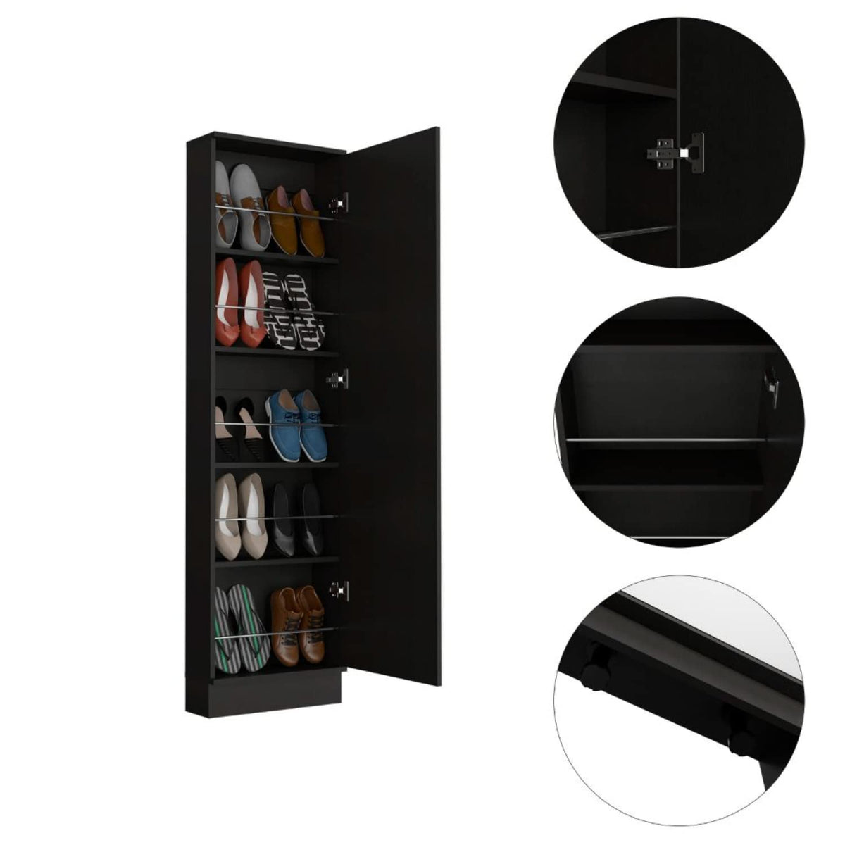 Shoe Rack 67&Quot; H, 5 Internal Storage Shelves, A Mirror, A Door, Approximate Capacity Of 10 Pairs Of Shoes, Black