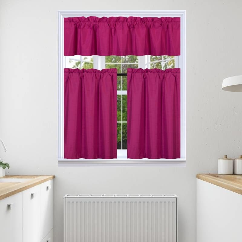 3Pc Set Solid Faux Silk Lined Blackout Rod Pocket Small Kitchen Window Curtain With Valance (K3) (Hot Pink)