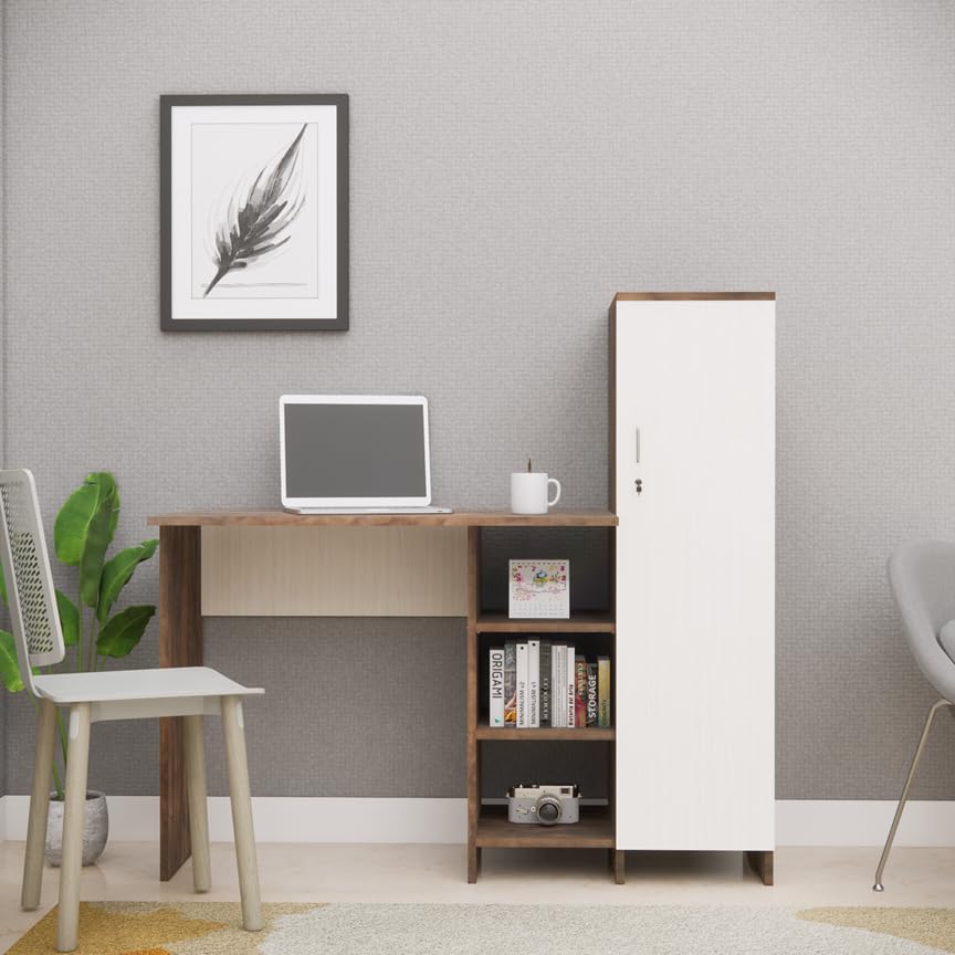 Furnesta Hutch Desk With Storage, Study Table For Office & Home, Highland Pine & Coachwood Brown, Termiteproof Borerproof Engi