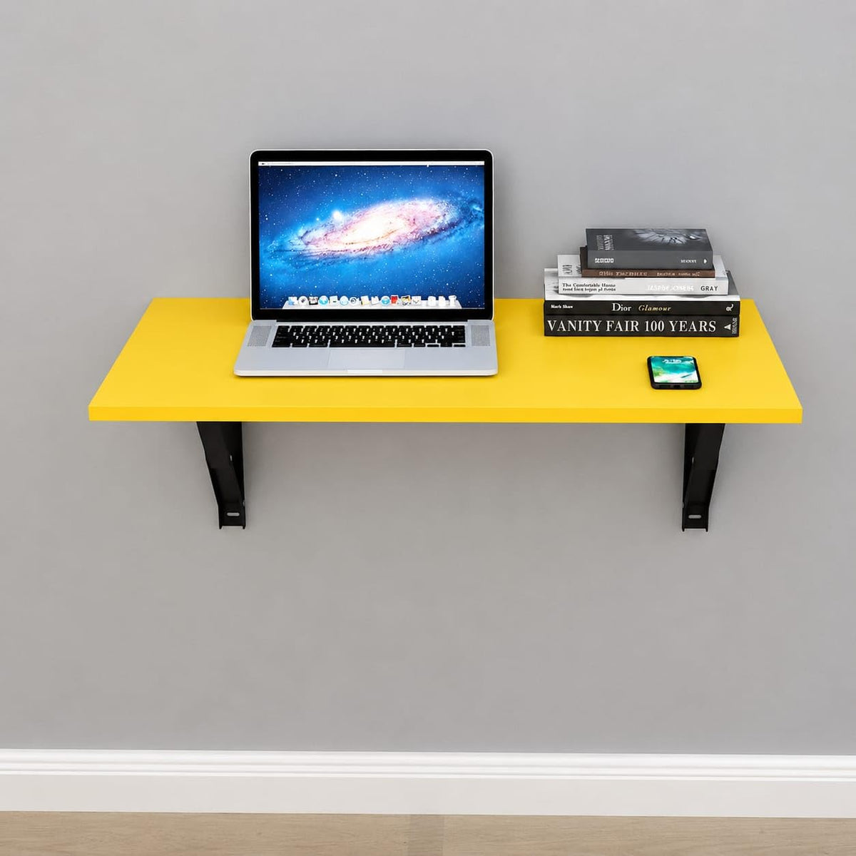 Wall Mounted Folding Study Table For Home Office Space Saving Engineered Wood Laptop Desk Shelf Green Finish (Yellow)