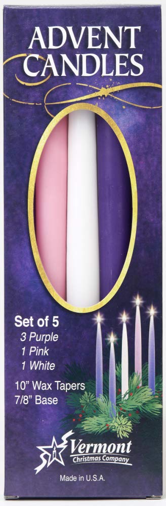 Christmas Advent Candles (Set of 5)  10 Wax Taper Candles by Vermont Christmas Company  3 Purple, 1 Pink, 1 White