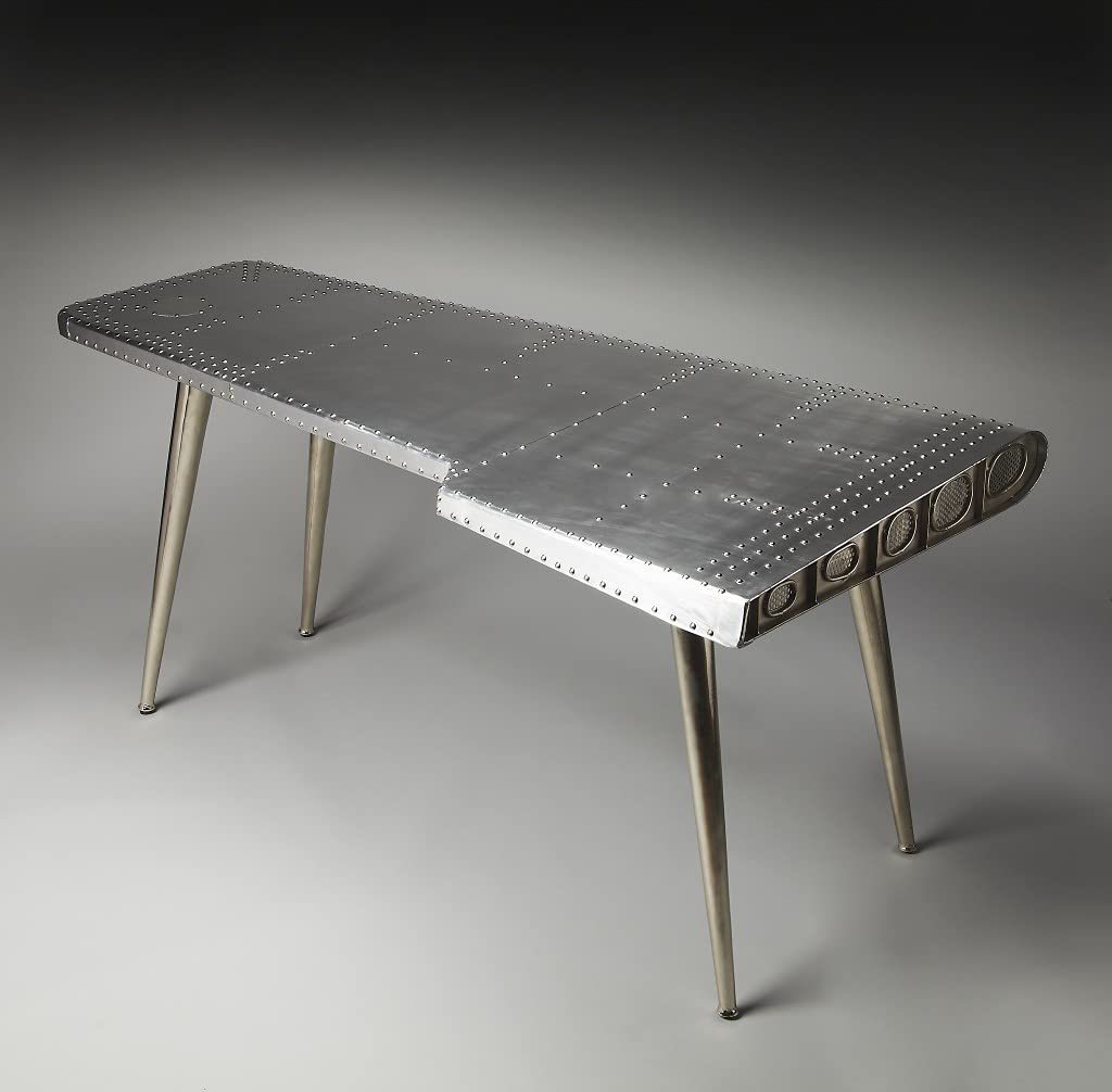 HomeRoots Aluminum, Steel, MDF, Wood Solids Funky Silver Wing Desk