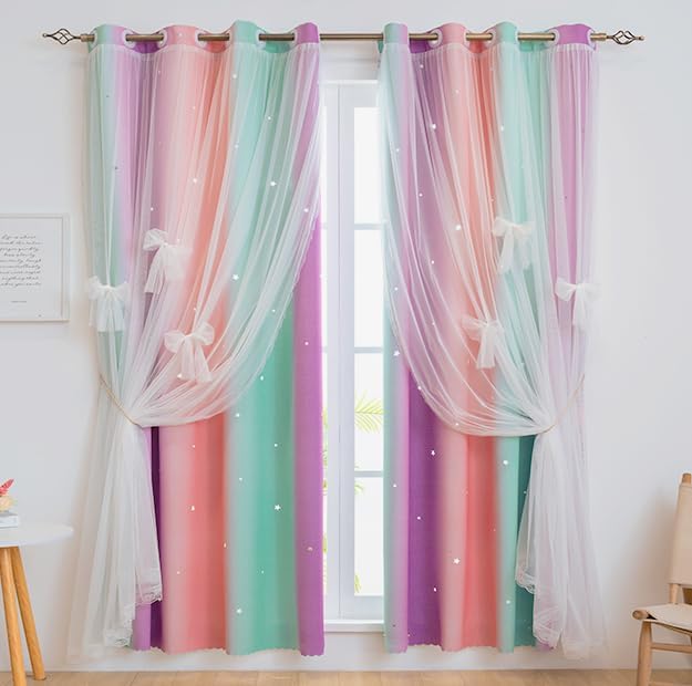 Yancorp Curtains For Girls Bedroom Kids Curtain Hollow-Out Star Window Nursery Curtain 72 Inches Length Room Darkening Grommet 2 Layers (Green Pink Purple, W52 X L72)