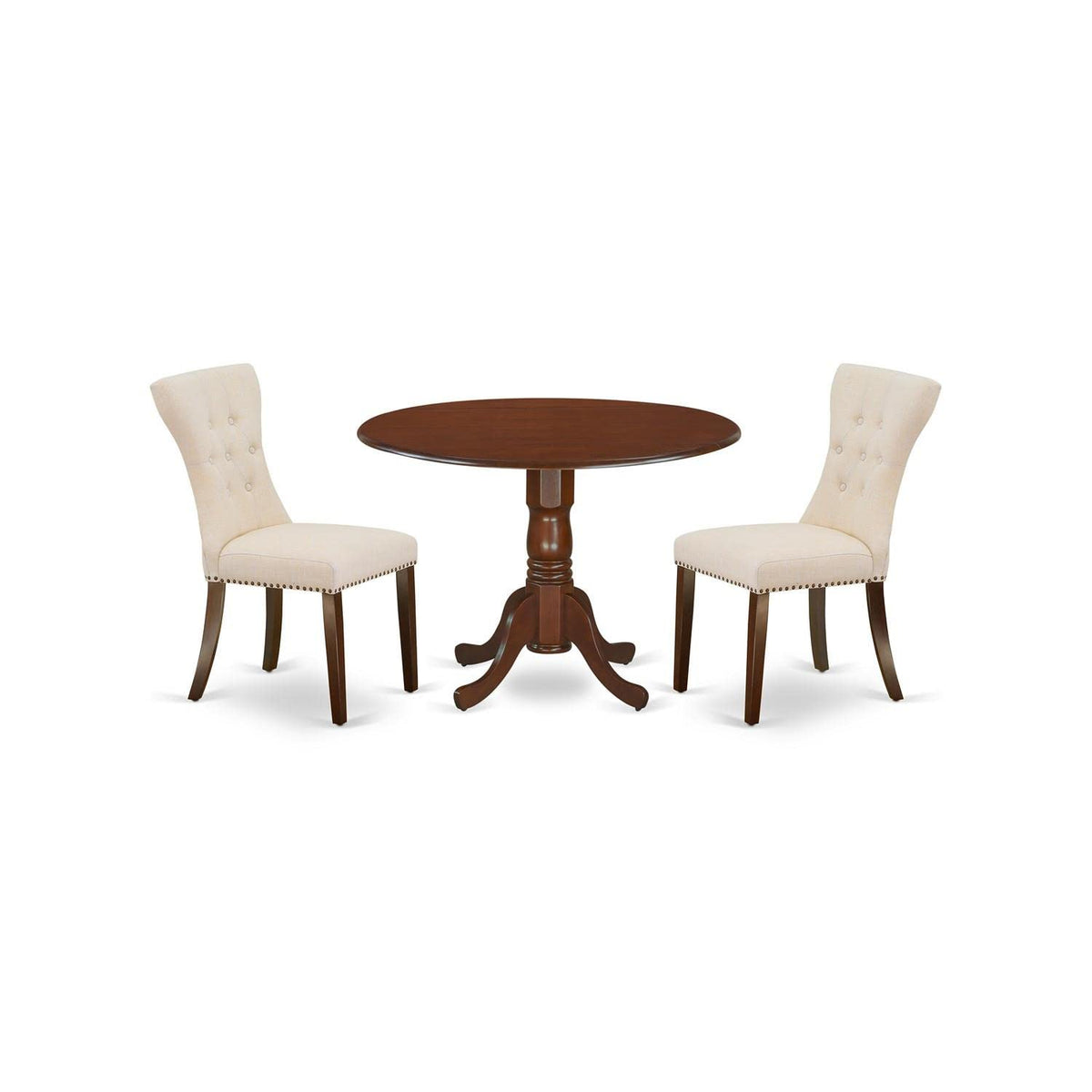 East West Furniture Dlga3-Mah-32 3 Piece Modern Dining Table Set Contains A Round Wooden Table With Dropleaf And 2 Light Beige Linen Fabric Parsons Dining Chairs, 42X42 Inch, Mahogany