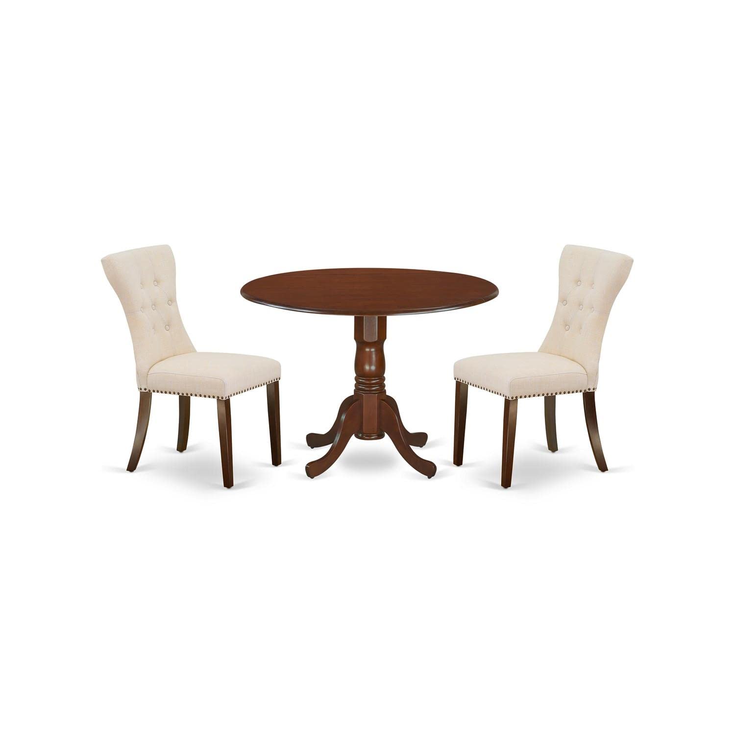 East West Furniture DLGA3-MAH-32 3 Piece Modern Dining Table Set Contains a Round Wooden Table with Dropleaf and 2 Light Beige L