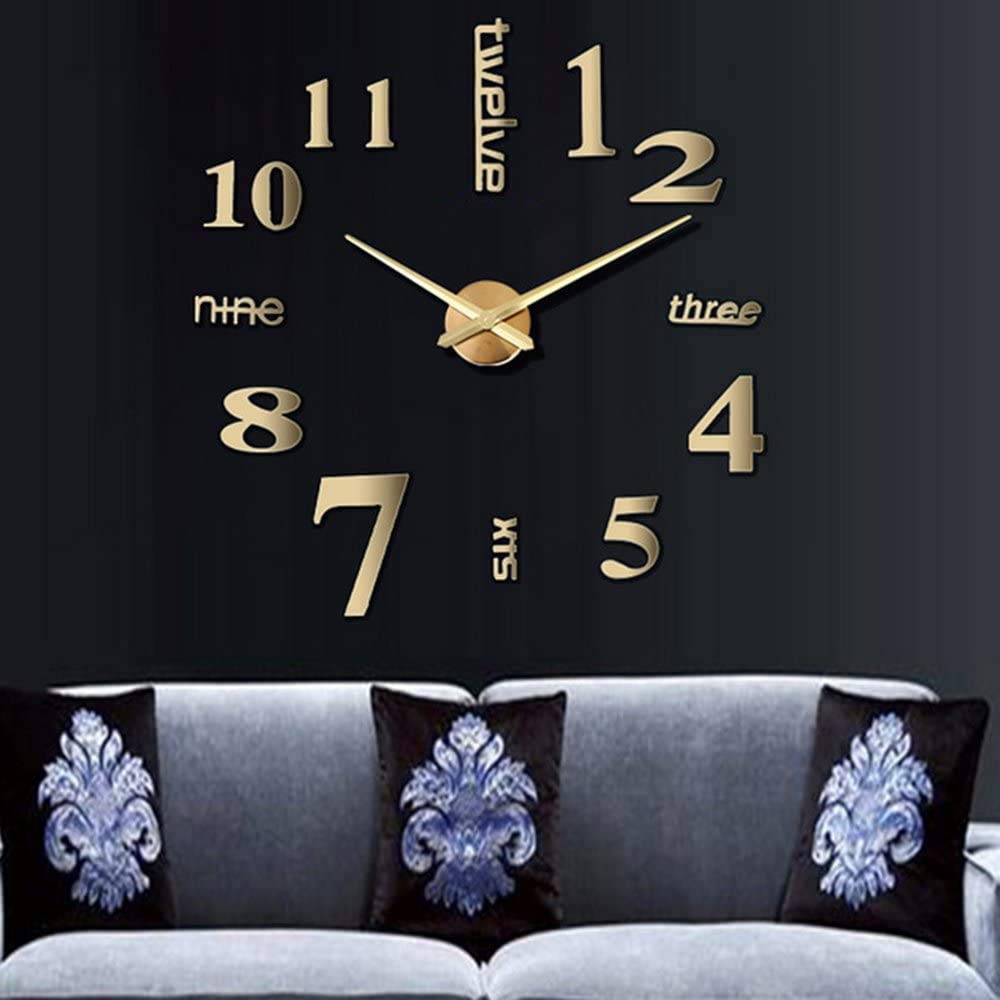 CUGBO DIY Wall Clock Modern Large 3D Wall Clock Mirror Stickers Home Office Decor,Gold