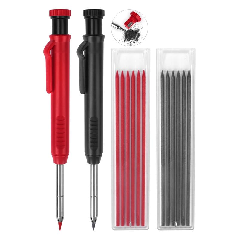 2 Pack Carpenter Pencils Mechanical Pencils With 12 Refills, Construction Pencils With Built-In Sharpener, Long Nib Deep Hole Pe