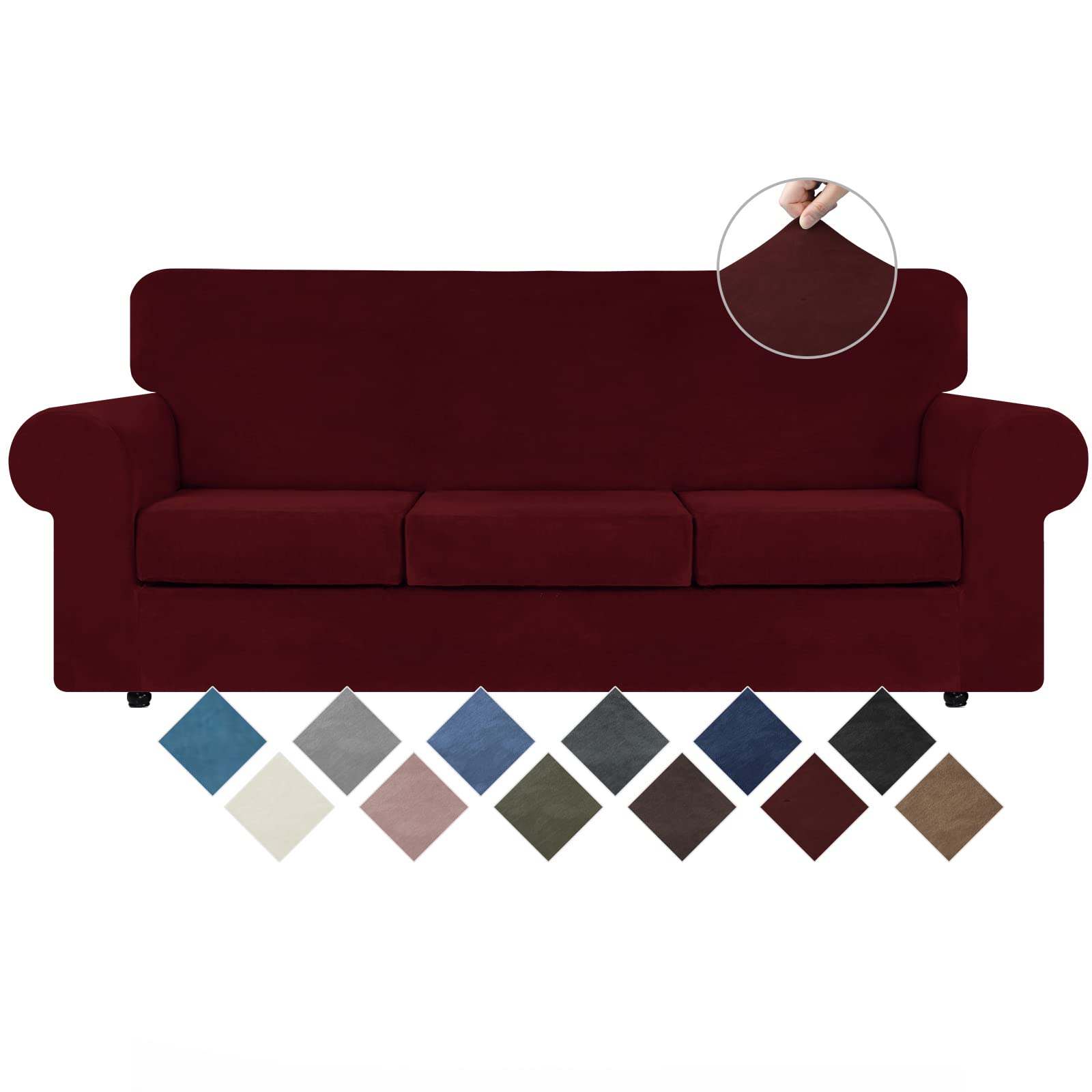 WEERRW Velvet High Stretch Couch Covers for 3 Cushion Couch Sofa Slipcovers, Washable Furniture Protector with Non Slip Elastic 