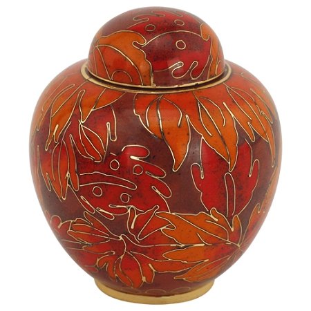 Fall Leaf Cloisonne Keepsake Cremation Urn for Ashes, Metal, Orange Enameled Urn, Keepsake Sized Cremation Urn, 3 Inches High