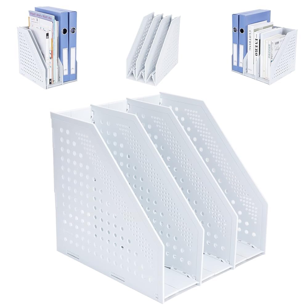 FRETONBA Collapsible Magazine File Holder with 3 Vertical Compartments Foldable Binder Holder for Desk Binder Storage Organizer 