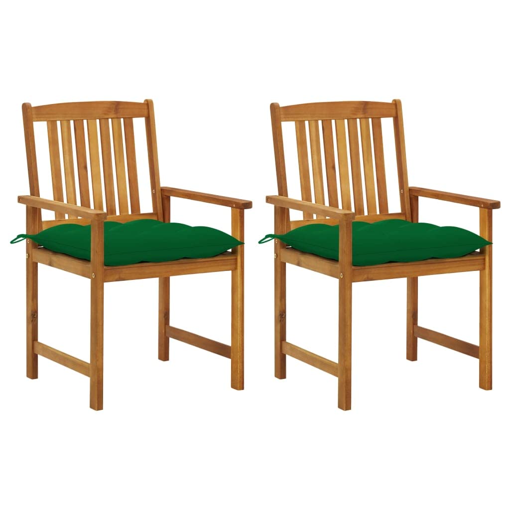 vidaXL Outdoor Patio Chairs with Green Cushions- 2 pcs Set, Solid Acacia Wood, Farmhouse Rustic Style, Oil Finished, Easy to Assemble Comfortable Seating for Garden and Patio