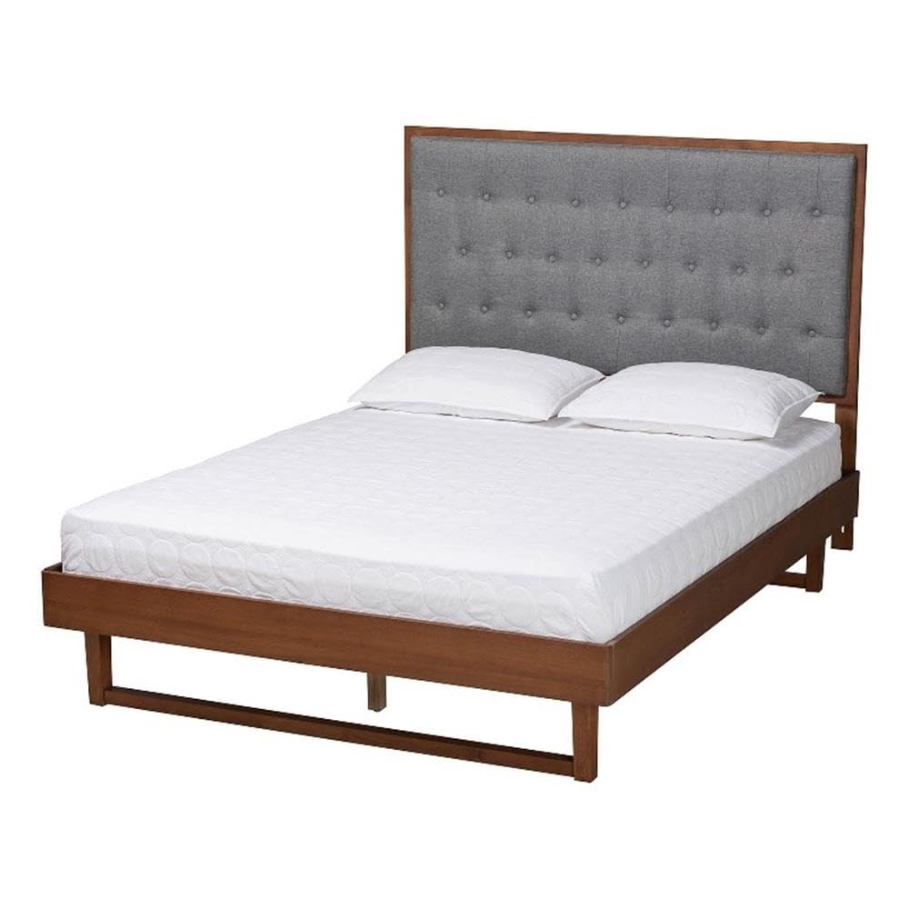 Baxton Studio Bryn Classic And Traditional Grey Fabric And Walnut Brown Finished Wood King Size Platform Bed