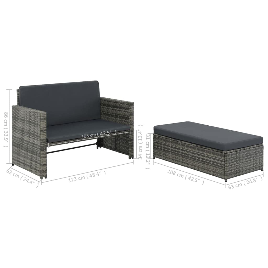vidaXL Patio Lounge Set - 2 Piece Outdoor Furniture with Convertible Sofa Bed, Space Saving Footstool, Removable & Washable Cushion Covers, Durable Poly Rattan & Powder-Coated Steel Frame, Gray