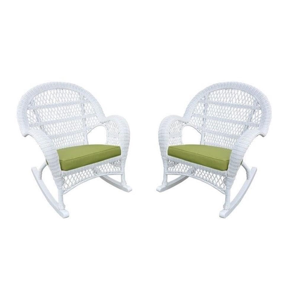 Jeco Wicker Rocker Chair With Green Cushion, Set Of 2, White