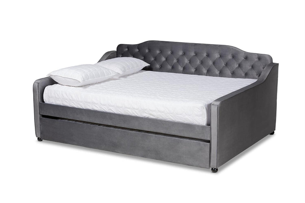 Baxton Studio Freda Gray Velvet Button Tufted Queen Wood Daybed with Trundle