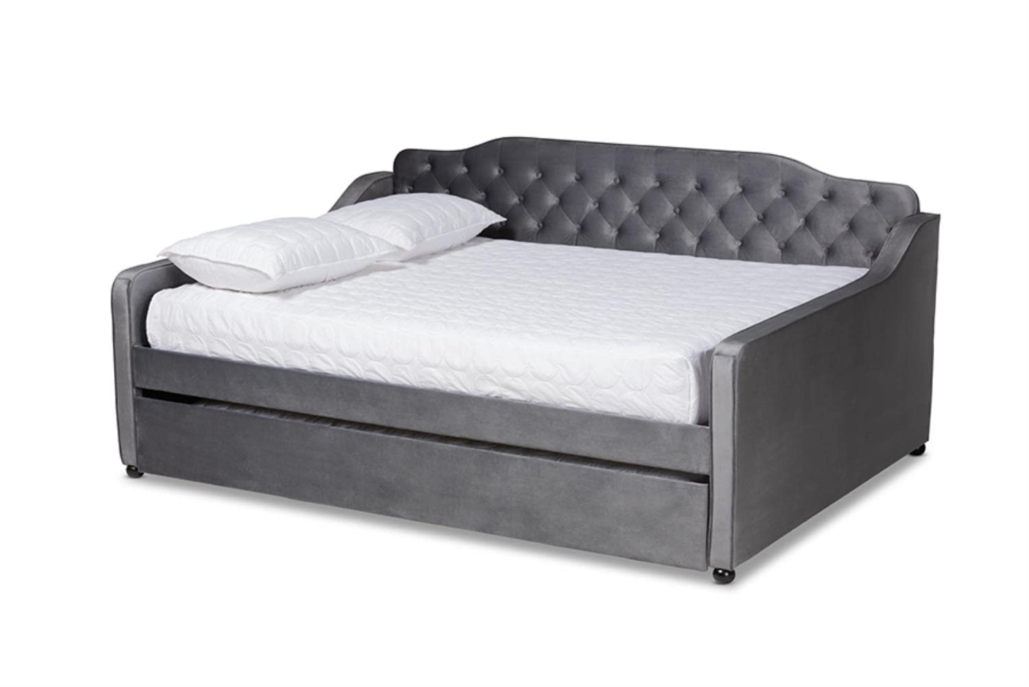 Baxton Studio Freda Gray Velvet Button Tufted Queen Wood Daybed with Trundle
