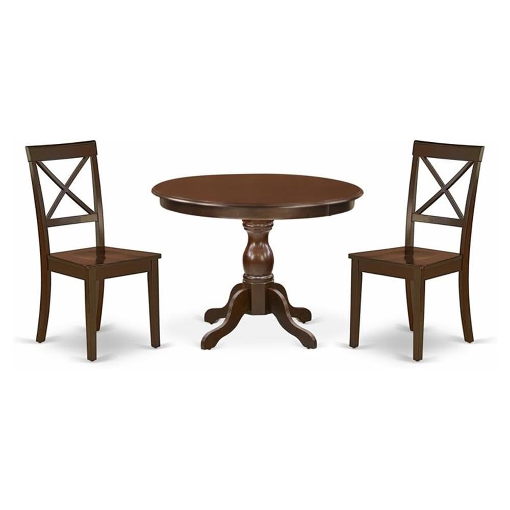 East West Furniture HBBO3-MAH-W 3 Piece Dining Room Table Set Contains a Round Kitchen Table with Pedestal and 2 Dining Chairs, 