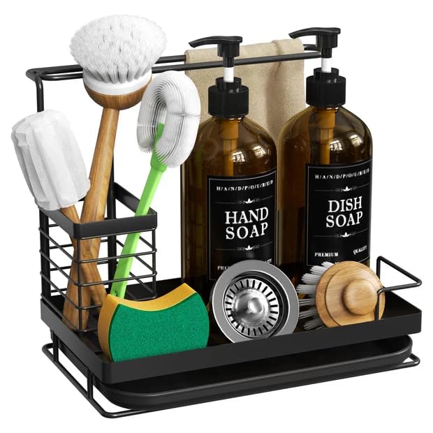 Kitchen Dish Soap Dispenser Set with 2 Pack 17oz Amber Glass Bottles  Rustproof Stainless Steel Organizer & Removable Tray  Fa