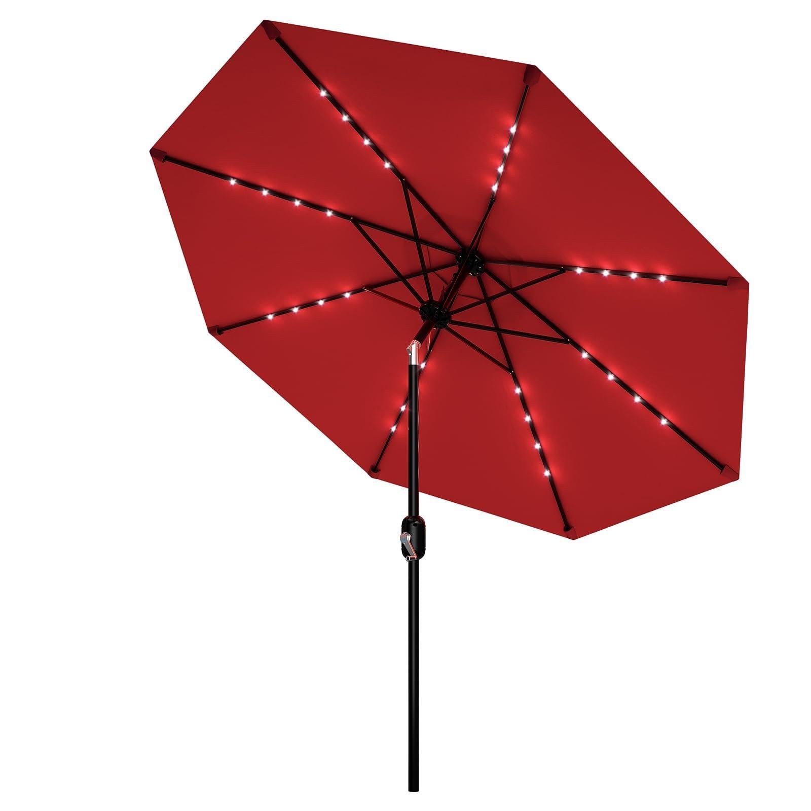 Garvee 9 FT Patio Umbrella with Solar Lights, Outdoor Table Umbrella with 8 Durable Ribs, Tilt & Crank Mechanism, Waterproof & U