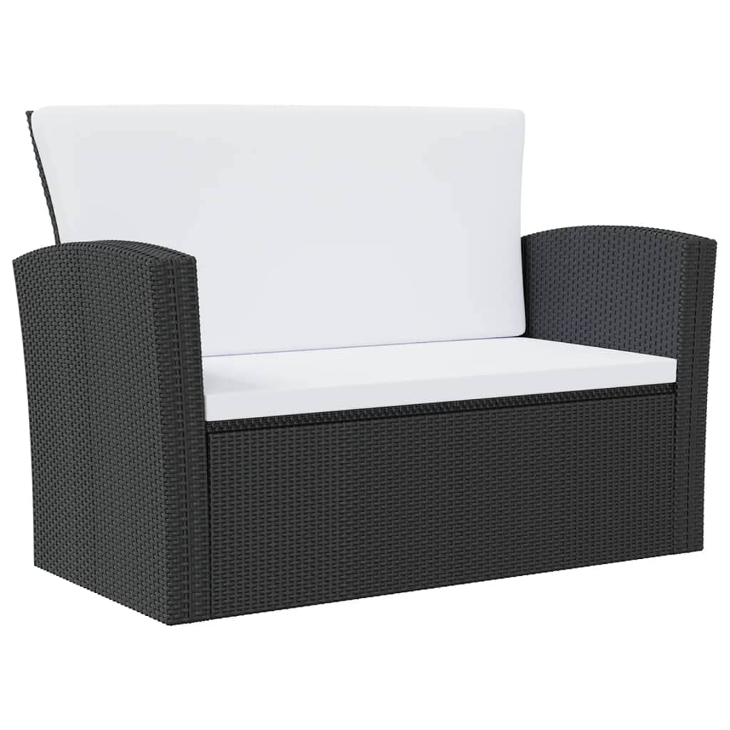 vidaXL 4 Piece Outdoor Patio Lounge Set - Powder Coated Steel Frame and Poly Rattan Construction with Water-Repellent Cushions and Glass Table Top - Black and Cream White