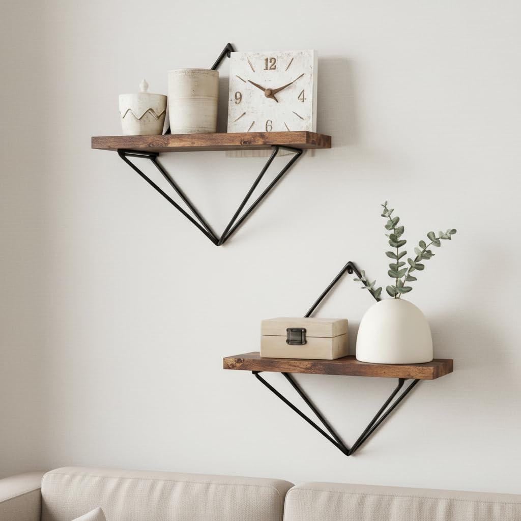 TrueFurnished 2Piece Diamond Metal Floating Shelf for Living Room, Bedroom, Kitchen, Bathroom Decorative Wooden Wall Shelves, M