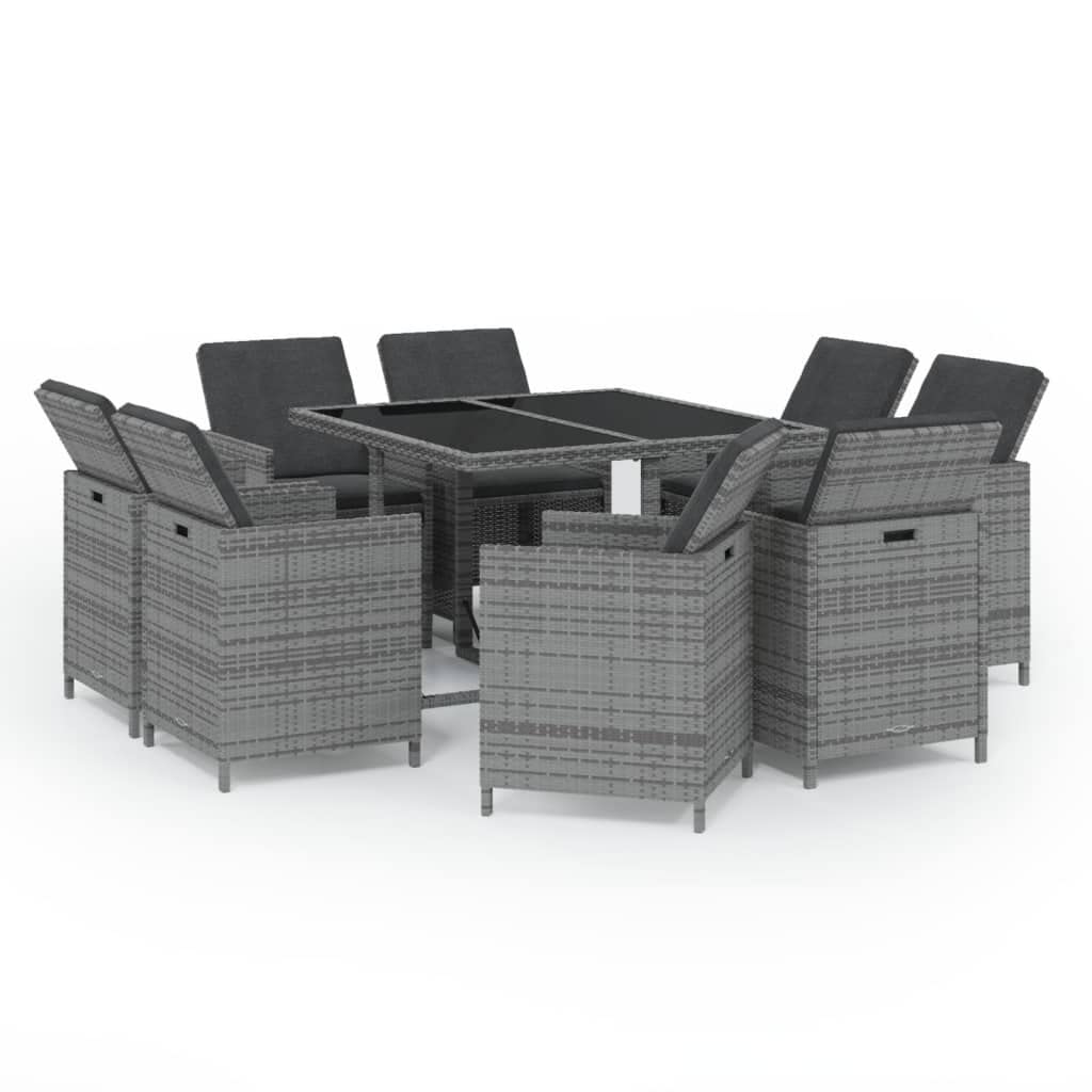 vidaXL Patio Dining Set 9 Piece with Cushions Garden Outdoor Terrace Balcony Dinner Table and Chair Seat Seating Furniture Poly Rattan Gray