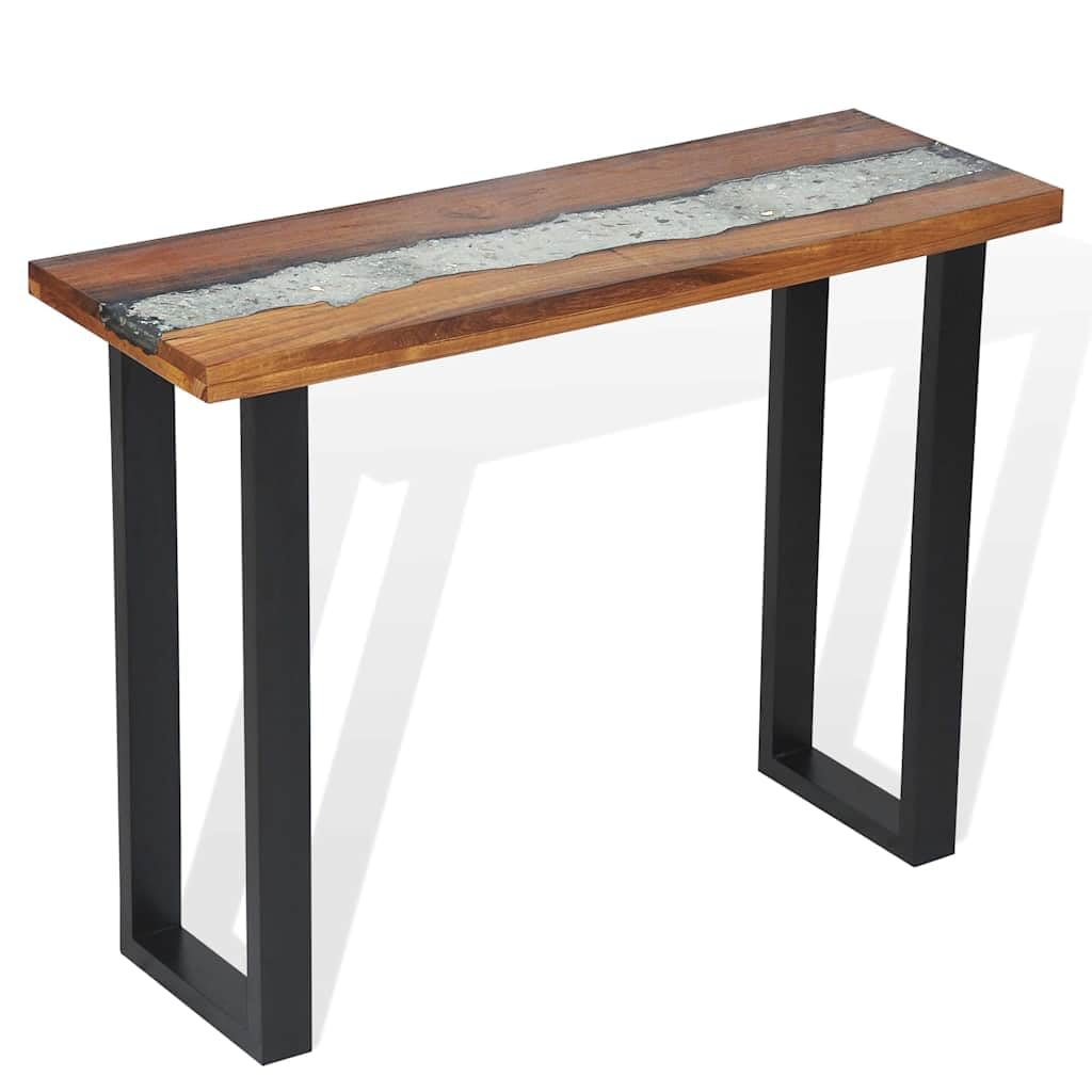 vidaXL Console Table with an Industrial Design - Teak Tabletop with Glass & Resin Inlay, Mahogany Legs, 39.4x13.8x29.5, Brown & 