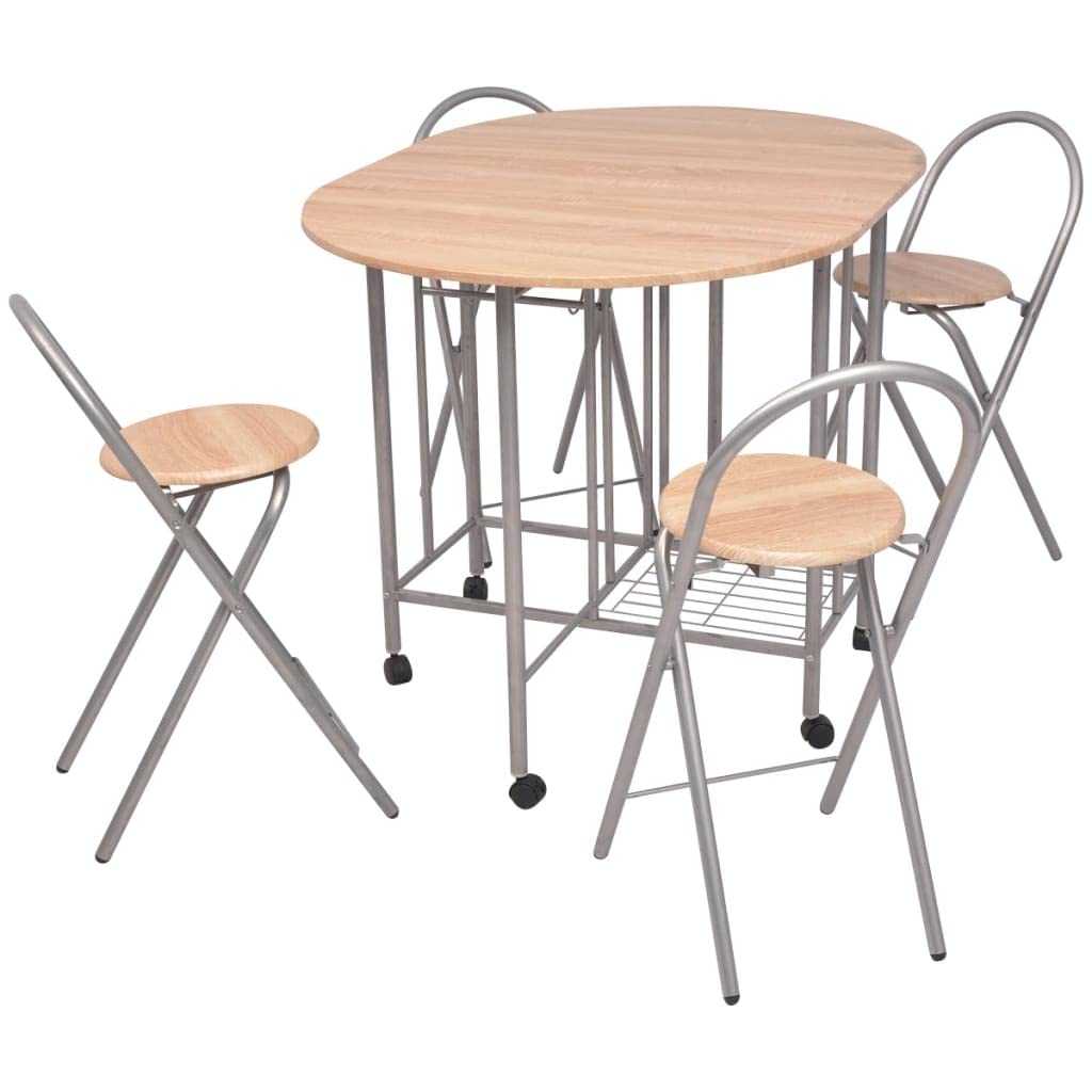 vidaXL Five Piece Folding Dining Set - Compact Movable Kitchen Furniture - Oak and Silver Color - Durable MDF and Iron