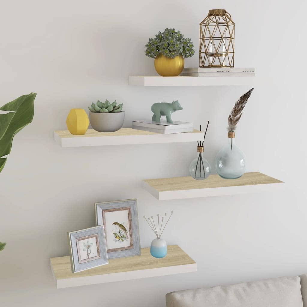 Skm Floating Wall Shelves 4 Pcs Oak And White 23.6 Inch X9.3 Inch X1.5 Inch  Mdf