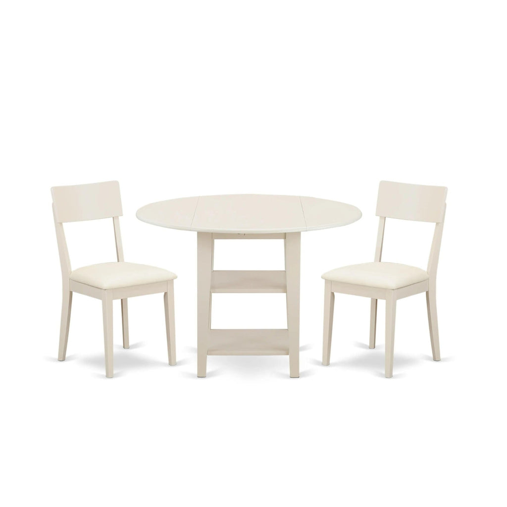 East West Furniture SUAD3-LWH-LC 3 Piece Dining Set Contains a Round Dining Room Table with Dropleaf & Shelves and 2 Faux Leather Upholstered Chairs, 42x42 Inch, Linen White
