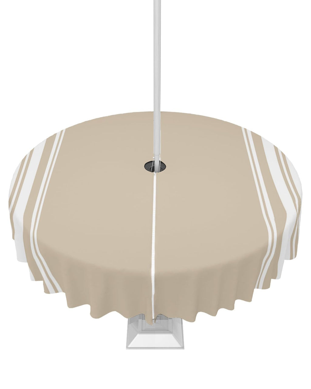 Queenker Outdoor Tablecloth With Umbrella Hole, Khaki And White Stripe Round Tables Waterproof Tabletop Collection For Patio, Ga