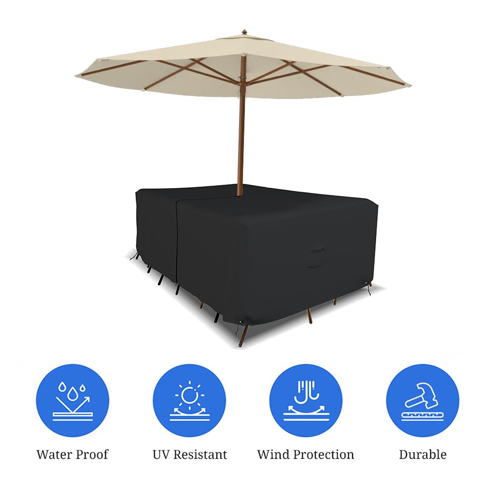 Covers & All Rectangle Table & Chair Set Cover, Umbrella Hole, 12 Oz Waterproof Uv & Weather Resistant, Patio Lawn Garden Backyard Furniture, Air Vents & Drawstrings (88'L X 58'W X 23'H, Black)