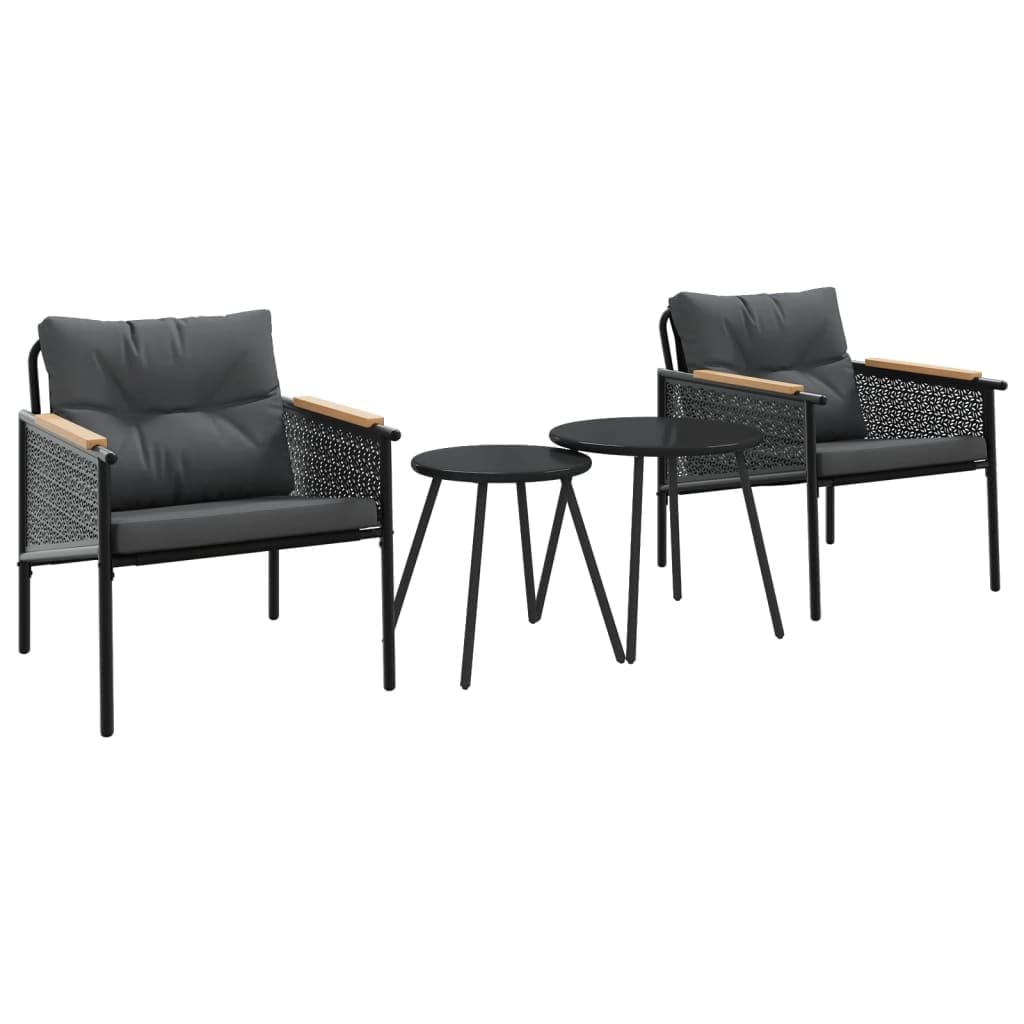 vidaXL 4 Piece Black Steel Balcony Furniture Set with Cushions and Round Coffee Tables for Outdoor, Patio, Garden, Terrace Use